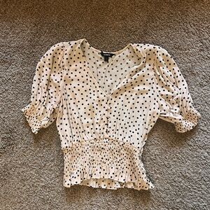 Express Cream Polka Dot Smocked Peplum Blouse